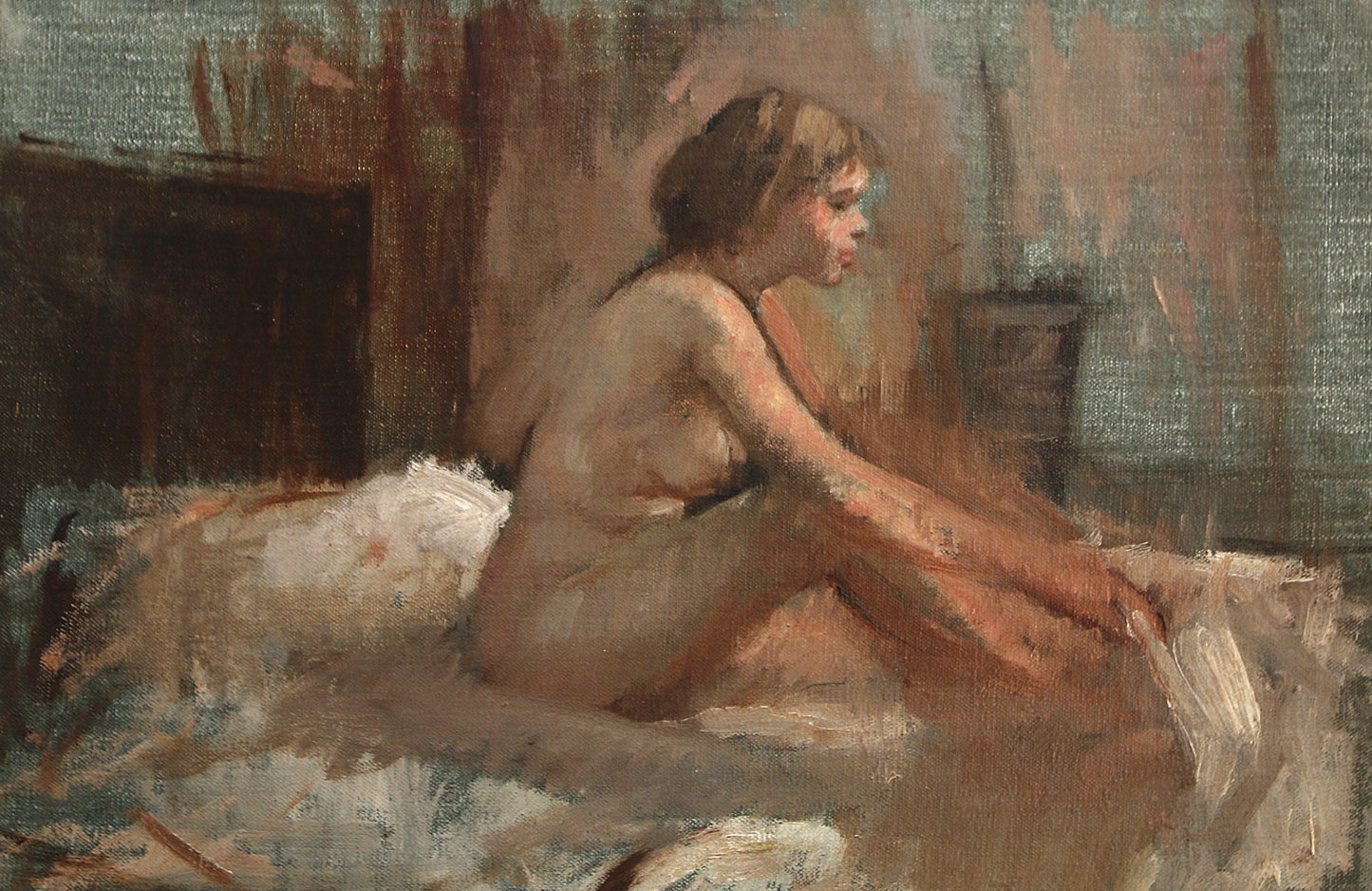 Bernard Dunstan RA PPRWA (1920-2017) - Naked Female Model on Bed Oil on Canvas