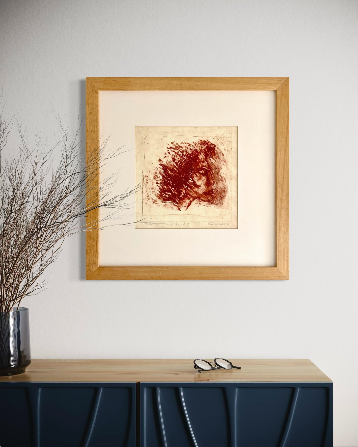 Etching in red ink of a woman’s profile by Sheila Oliner, 1995 artist proof, signed and framed