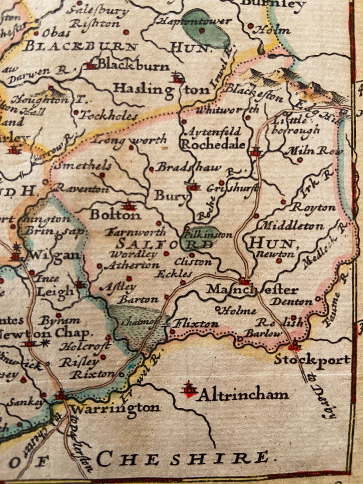 Antique Lancashire map, hand coloured English Cartographer Robert Morden Devon, Georgian c 1720
