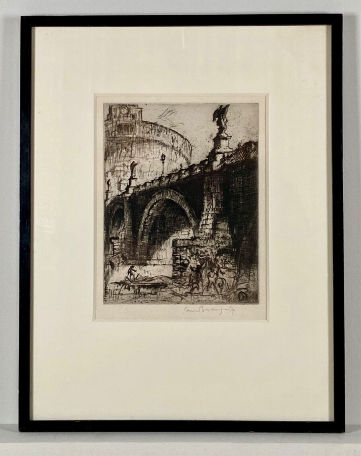 Framed Signed Etching of St. Angelo Bridge, Rome by Frank Brangwyn (1867-1956)