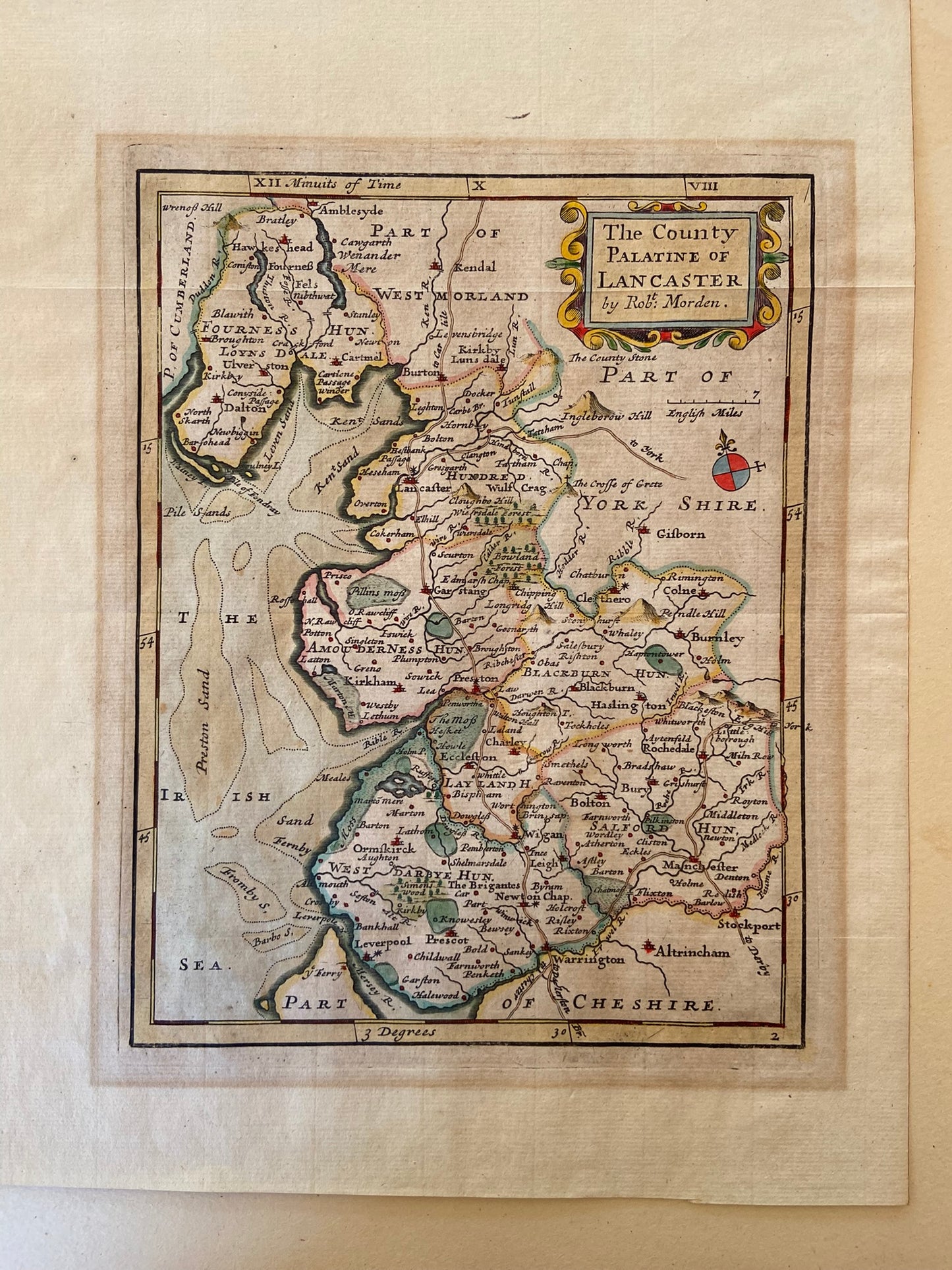 Antique Lancashire map, hand coloured English Cartographer Robert Morden Devon, Georgian c 1720