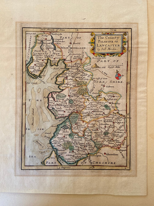 Antique Lancashire map, hand coloured English Cartographer Robert Morden Devon, Georgian c 1720