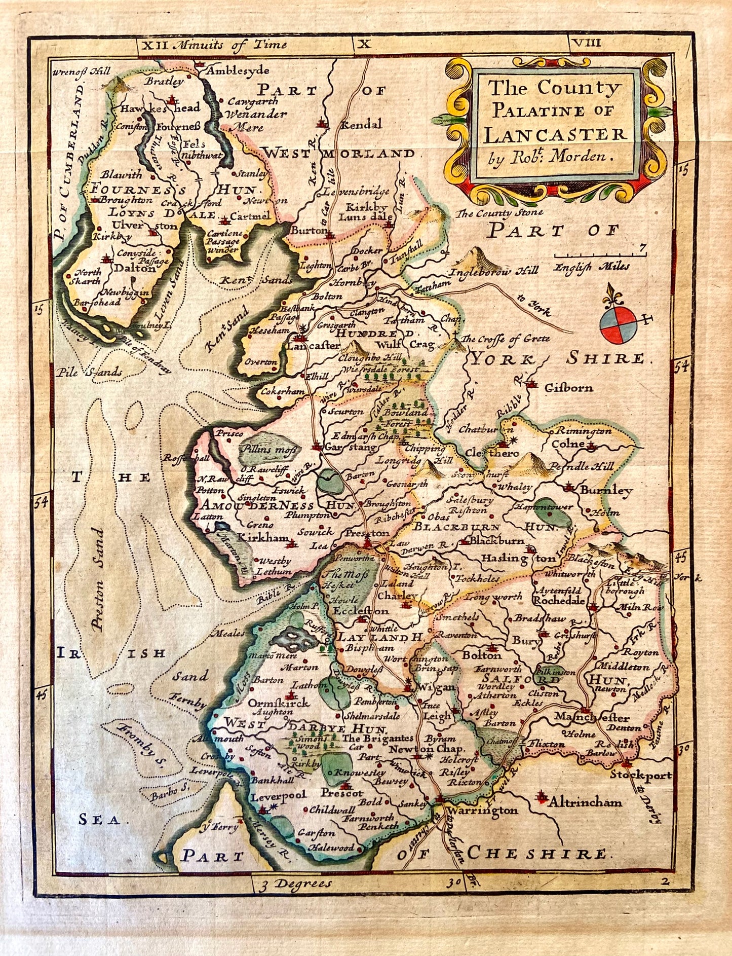 Antique Lancashire map, hand coloured English Cartographer Robert Morden Devon, Georgian c 1720