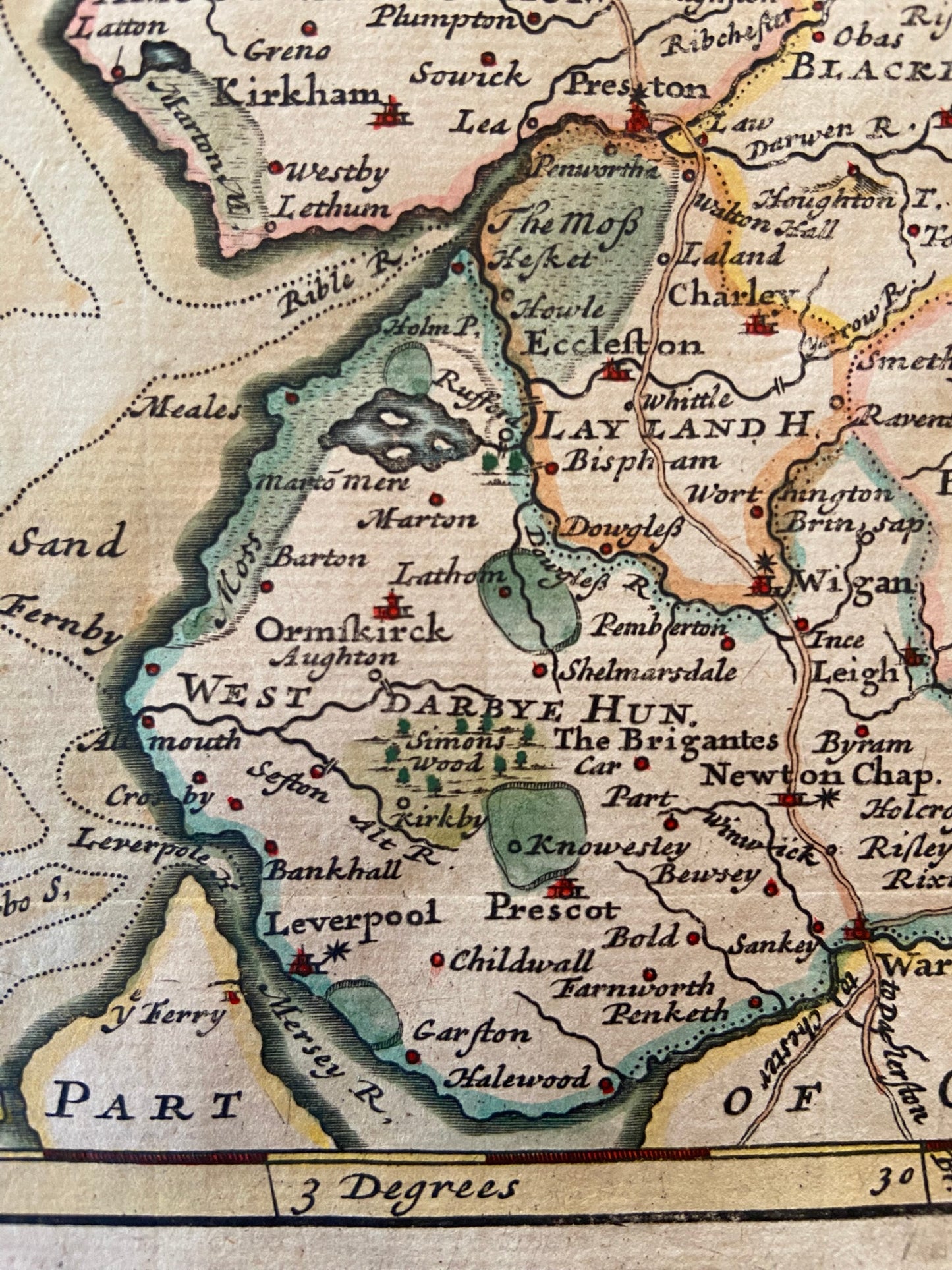 Antique Lancashire map, hand coloured English Cartographer Robert Morden Devon, Georgian c 1720