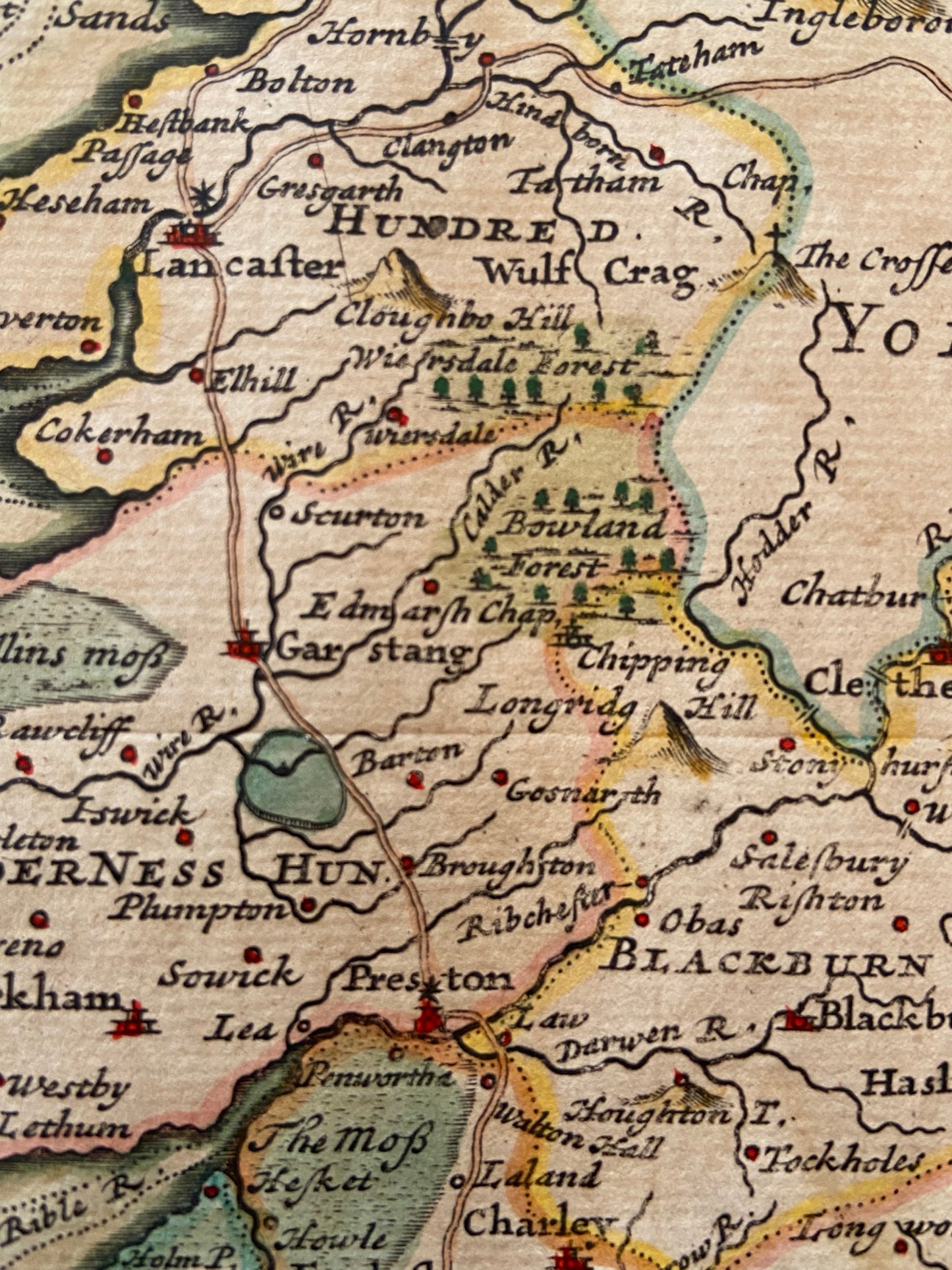 Antique Lancashire map, hand coloured English Cartographer Robert Morden Devon, Georgian c 1720