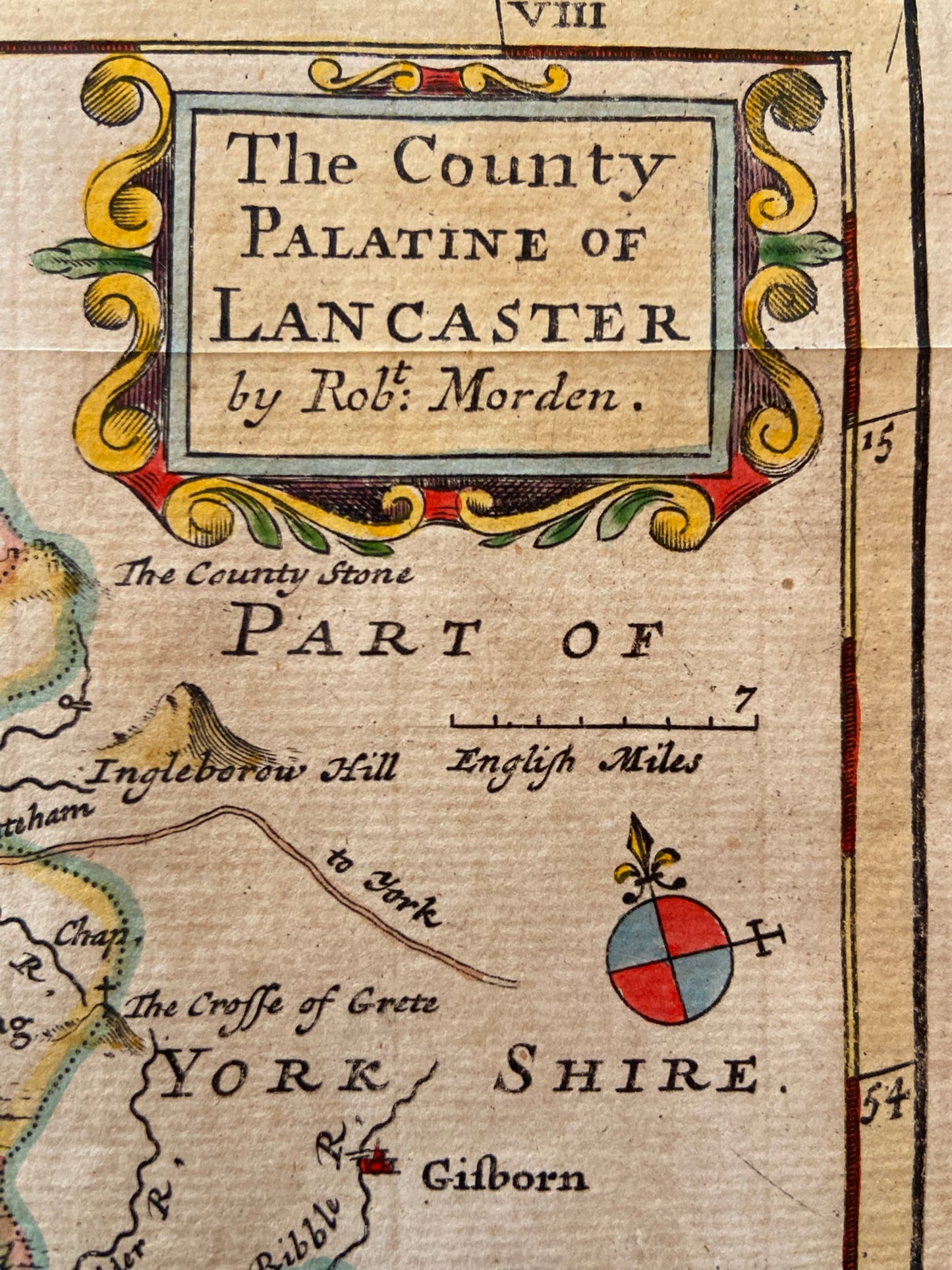 Antique Lancashire map, hand coloured English Cartographer Robert Morden Devon, Georgian c 1720