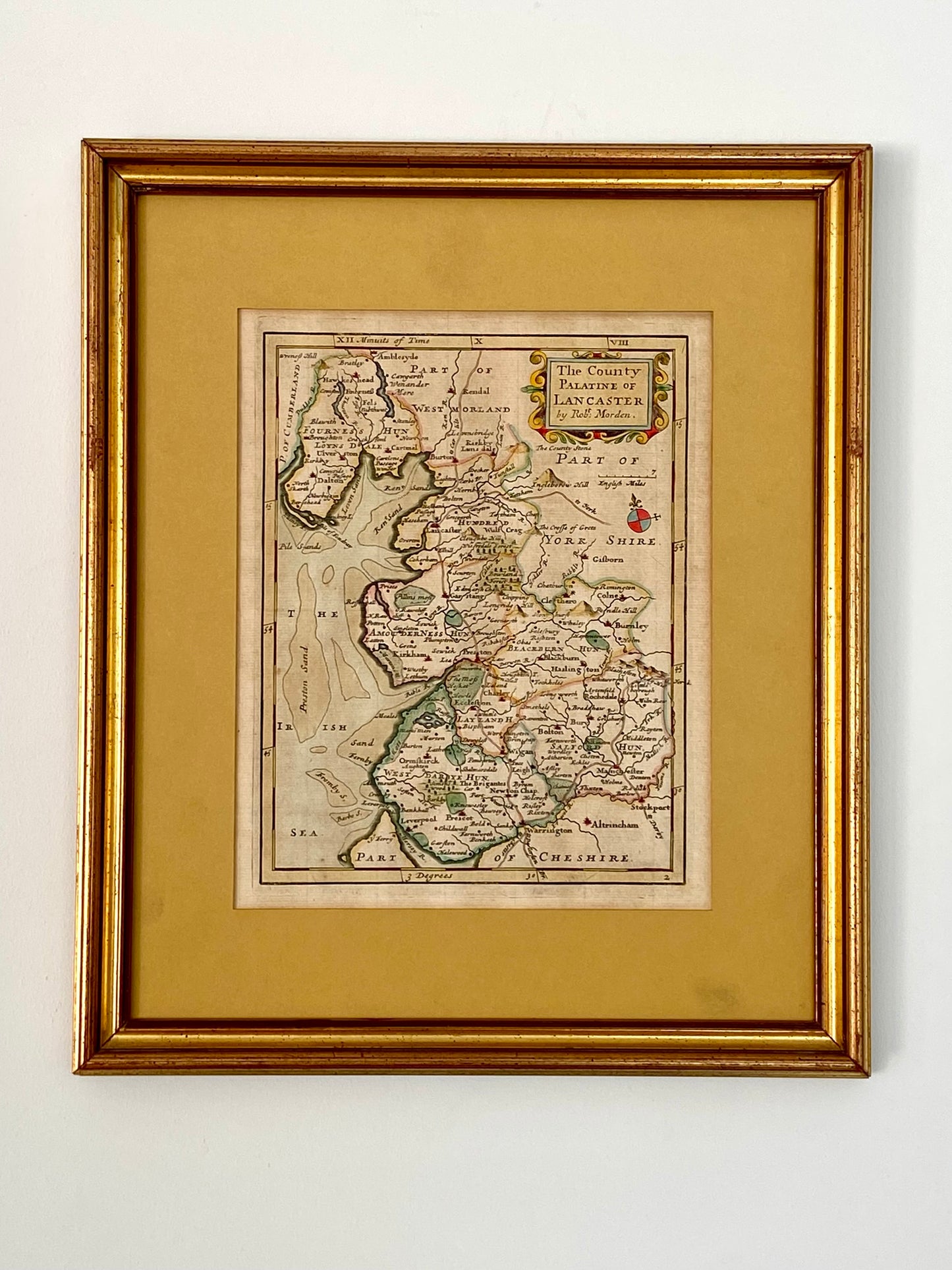 Antique Lancashire map, hand coloured English Cartographer Robert Morden Devon, Georgian c 1720