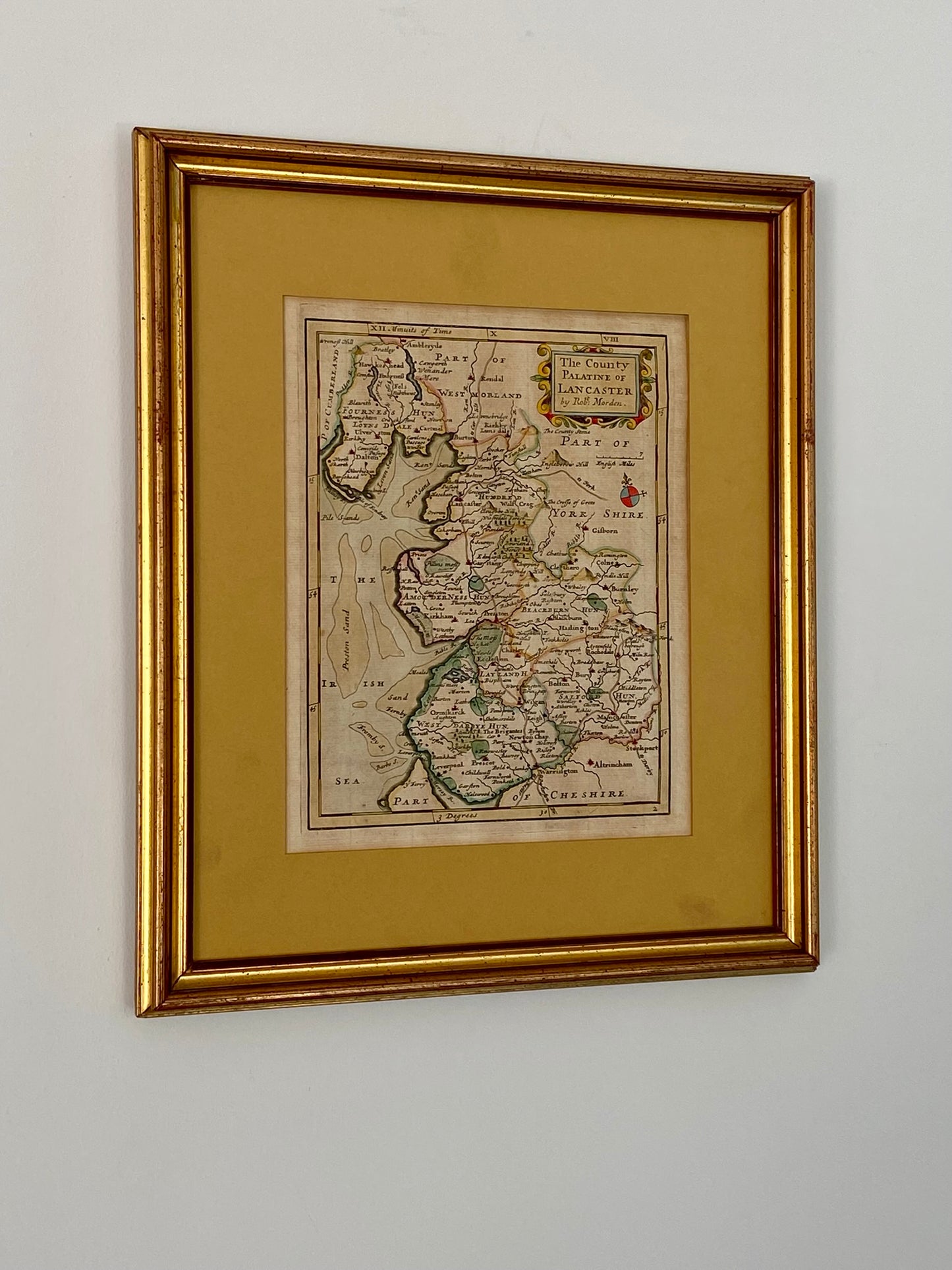 Antique Lancashire map, hand coloured English Cartographer Robert Morden Devon, Georgian c 1720