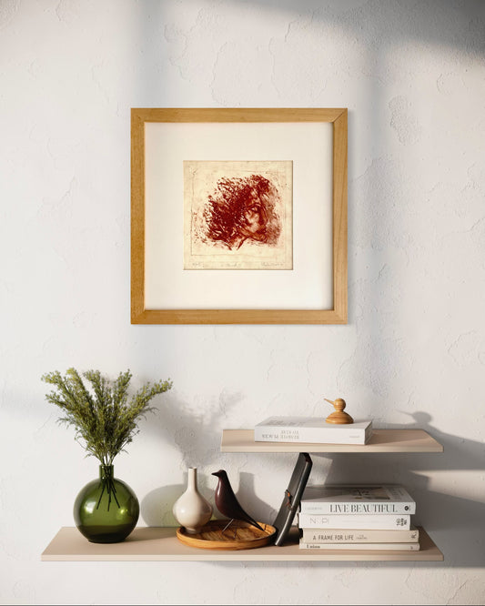 Etching in red ink of a woman’s profile by Sheila Oliner, 1995 artist proof, signed and framed