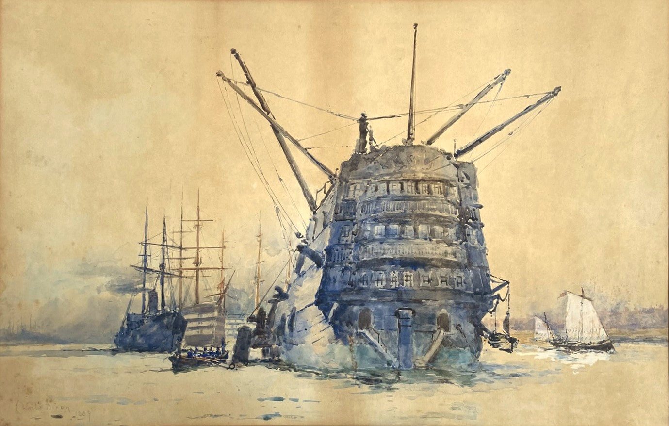 Charles Edward Dixon (1872-1934) late 19th Century maritime watercolour, HMS Pitt , Portsmouth 1889