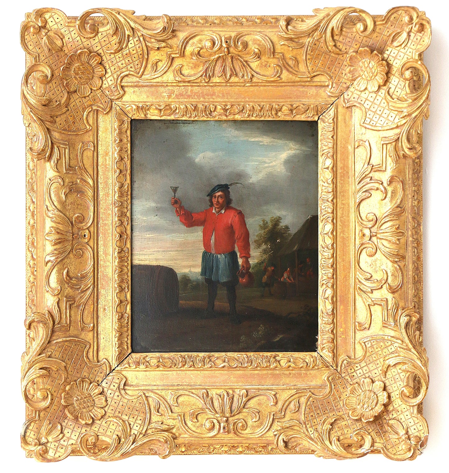 Oil on Panel of 17th Century gentleman toasting with a glass of wine