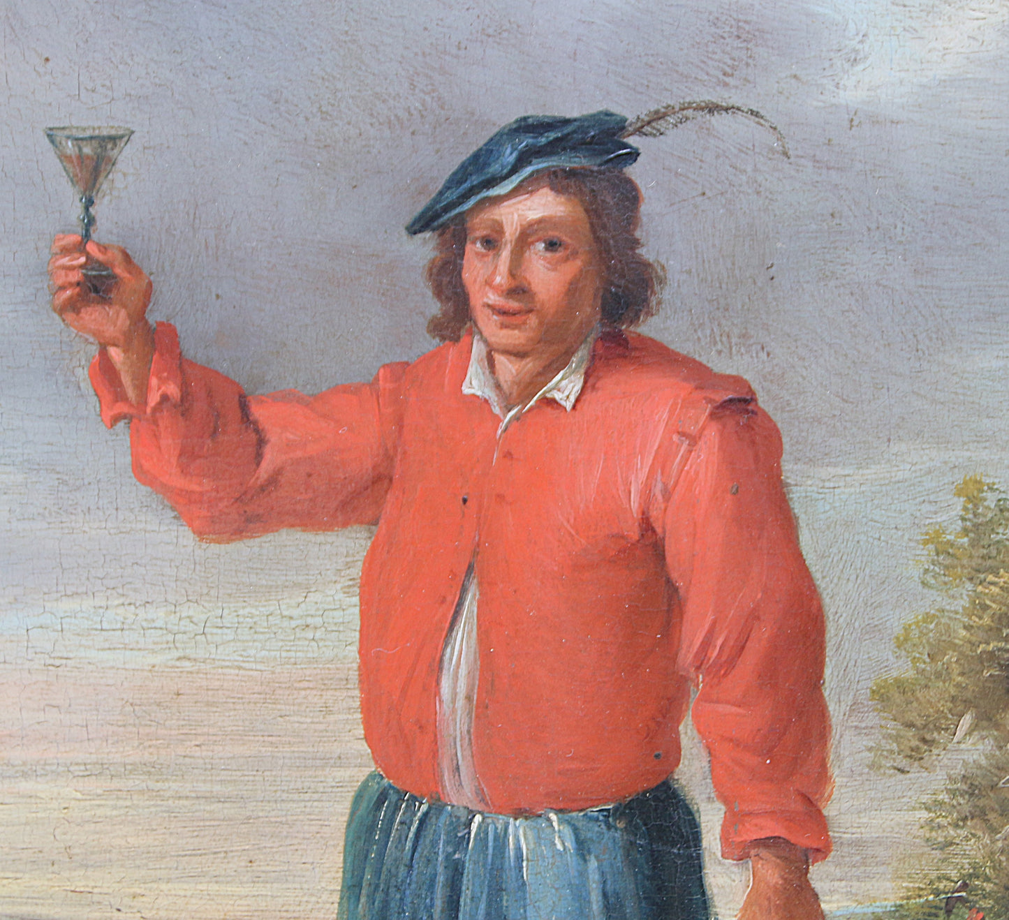 Oil on Panel of 17th Century gentleman toasting with a glass of wine