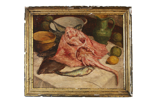 Isa Janssens. (Belgian, 1898–1978) Oil on Canvas Still Life with Ray Fish and Lemons