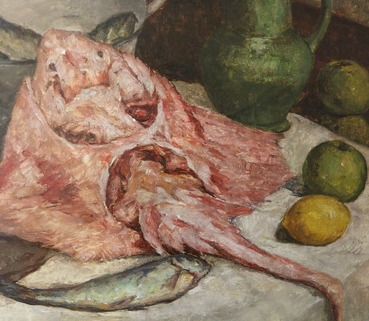 Isa Janssens. (Belgian, 1898–1978) Oil on Canvas Still Life with Ray Fish and Lemons