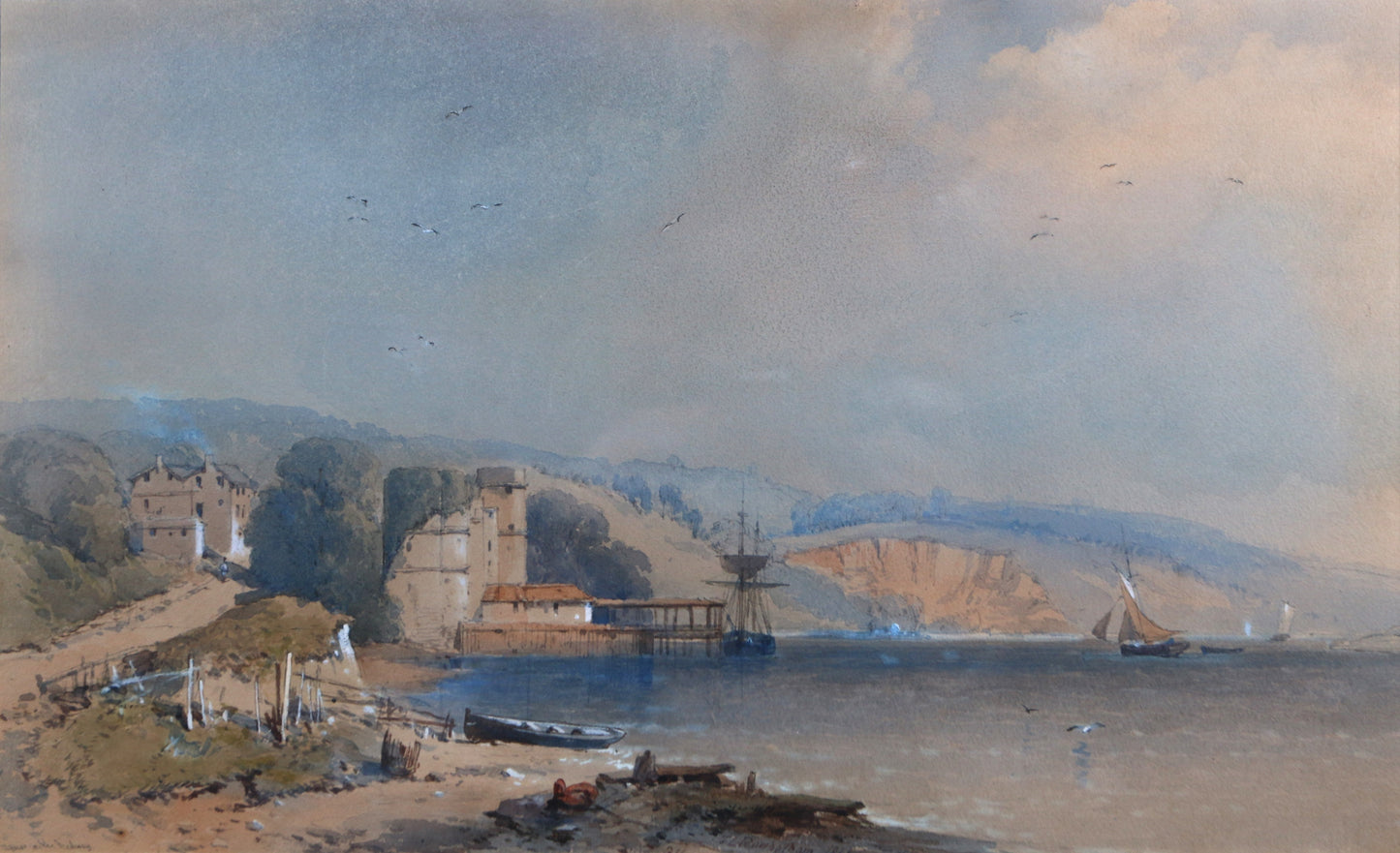 A Watercolour landscape by the Irish artist Thomas Leeson Rowbotham (1823-1875) entitled ‘Upnor on the river Medway 1865’