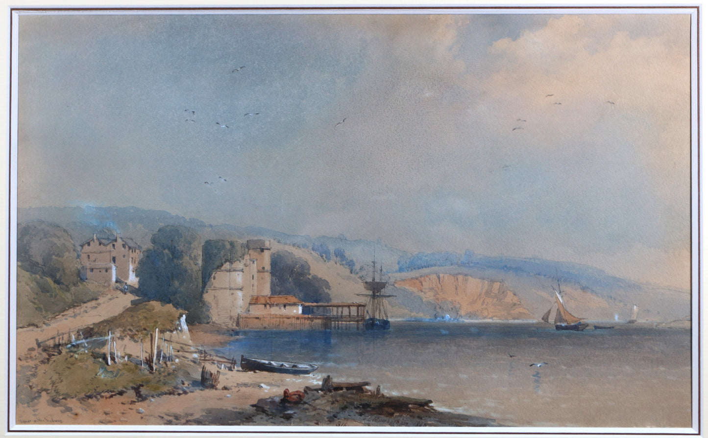 A Watercolour landscape by the Irish artist Thomas Leeson Rowbotham (1823-1875) entitled ‘Upnor on the river Medway 1865’