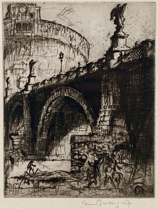 Framed Signed Etching of St. Angelo Bridge, Rome by Frank Brangwyn (1867-1956)
