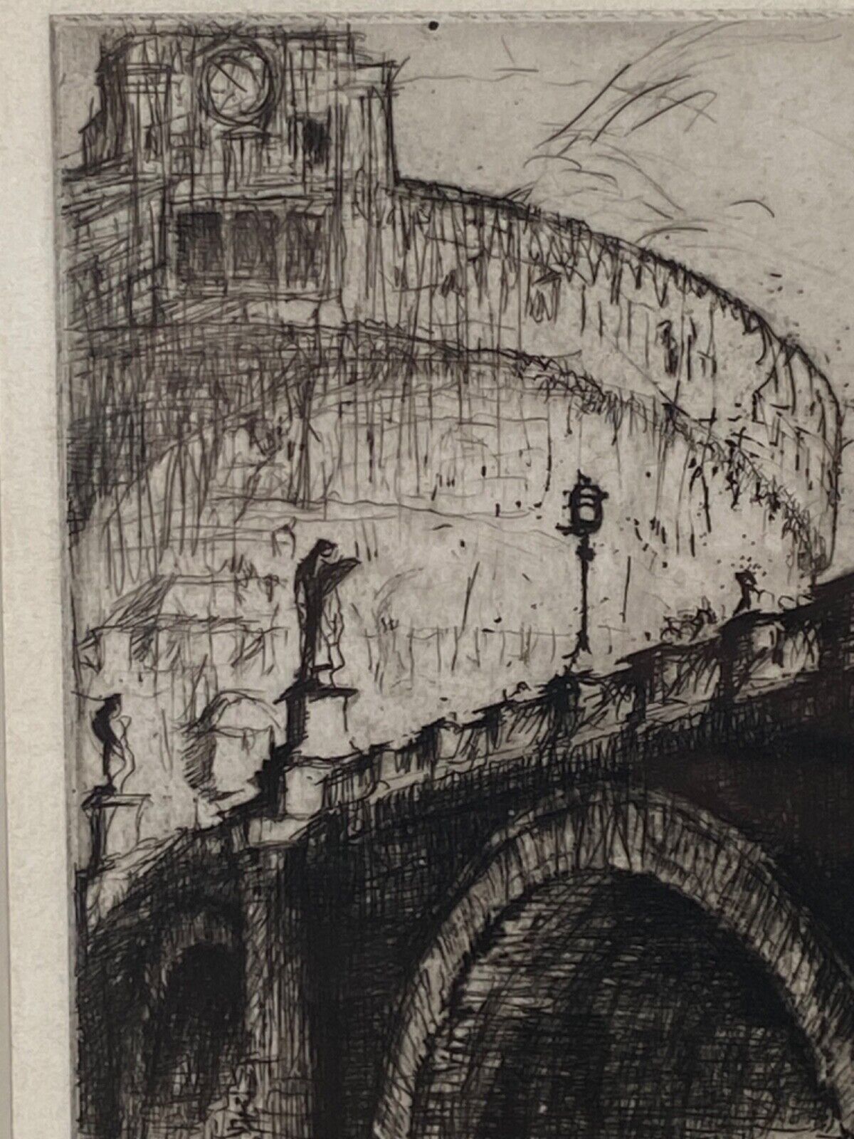 Framed Signed Etching of St. Angelo Bridge, Rome by Frank Brangwyn (1867-1956)